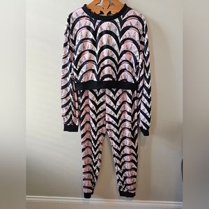 SHEIN Scallop Print Balloon Sleeve Crop Top, High Waist, Sleepwear Pajama Set